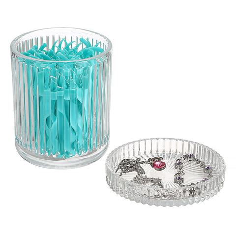 OLegei Glass Cotton Ball and Swab Holder Organizer, Set of 2 Bathroom Glass Storage Jars with Lid, Q-tips Floss Dispenser