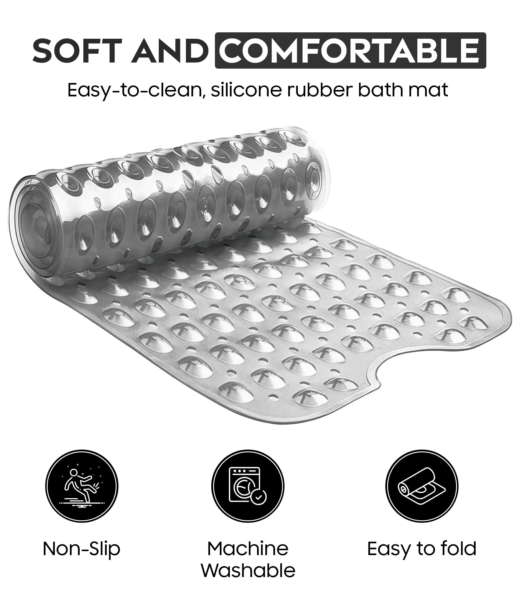 AUNEK Bath Mat Non Slip, Anti Mould Bathroom Mat with 200 Strong Suction Cups and Drain Holes, 100x40 cm Anti Slip Large Bathtub Mats for Inside Bath