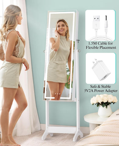 LUXFURNI Standing Jewelry Armoire Cabinet with Full‑Length Mirror Storage