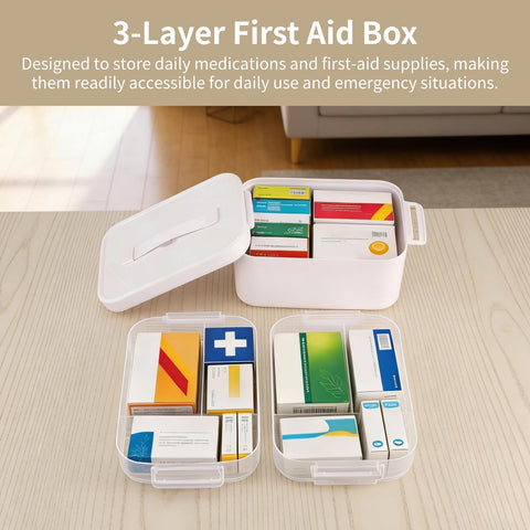SWEWARM Portable First Aid Box, 3-Layer Storage Box with Lid and Handle, Large Capacity Organiser Container, Family Emergency Kit Storage for Home