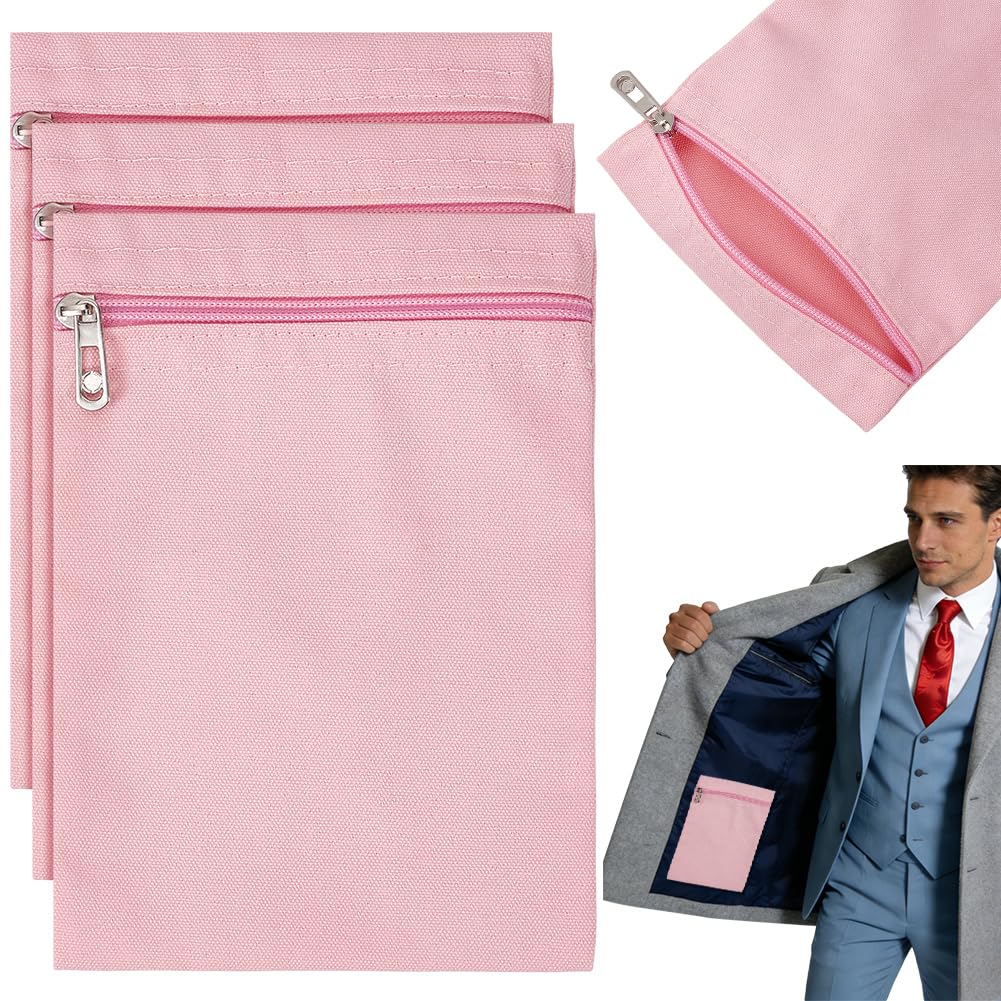 BENECREAT 3 Pack Canvas Sew-in Side Pocket with Zipper 8.66x5.91 Inch/ 22x15cm Hidden Security Pocket for Jackets Coats and Clothing, Pink