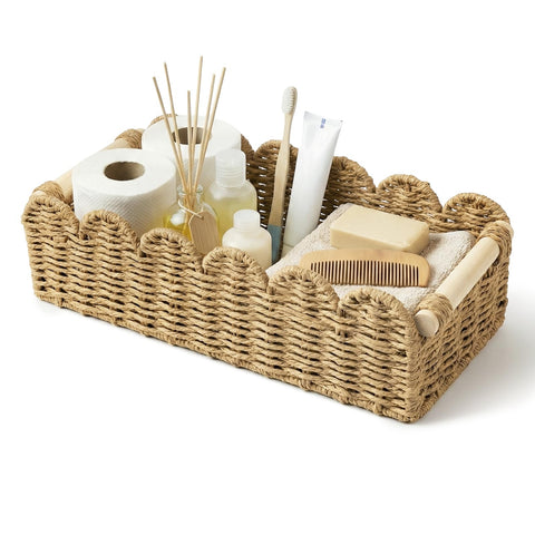 Storage Basket for Toilet Tank Top Scalloped Edge Woven Paper Rope Wicker Bin with Wooden Handles Cute Decorative Organizer Tray for Counter Shelf &