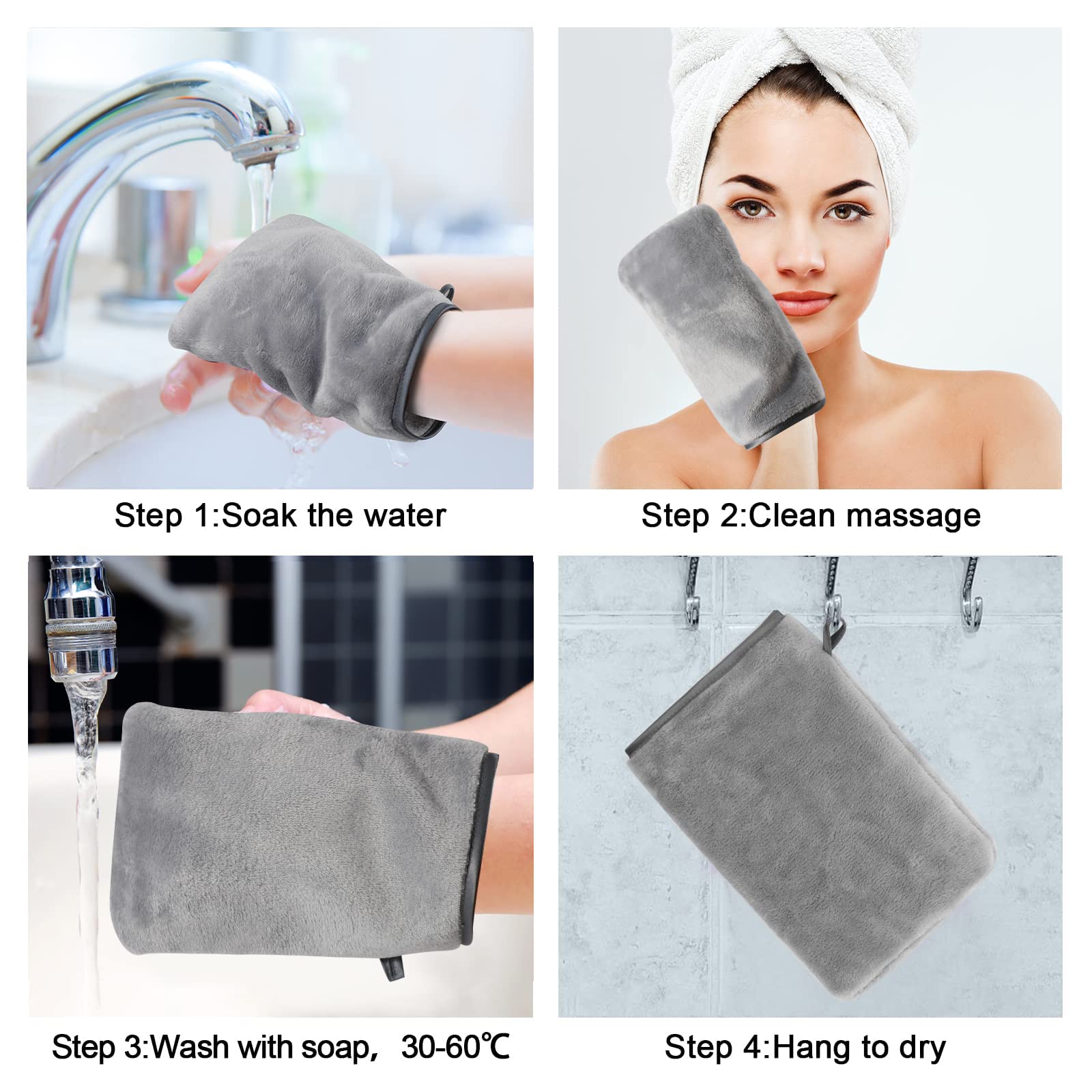 PHOGARY Pack of 8 Microfibre Body Wash Mitts Set, Flannels Soft Face Mitts, Bath SPA Cloth, Reusable Makeup Remover Mitt Gloves, 15x21 cm, Grey