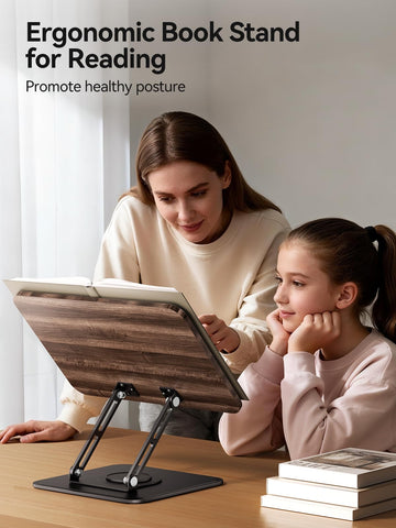 tounee Book Stand, 360° Rotating Reading Book Holder, Adjustable Cookbook Stand for Hands-Free Reading, Foldable Desktop Book Holder for All Books