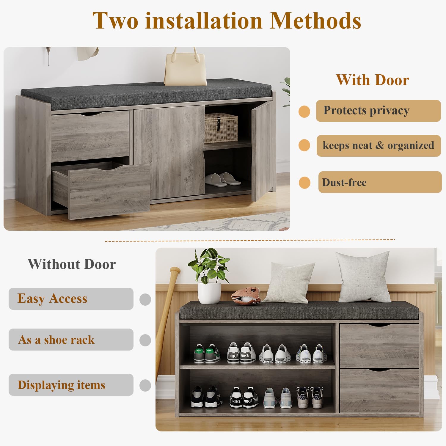 LVB 2-Tier Storage Bench with Padded Cushion, Entryway Shoe Bench with 2 Drawers, 2 Barn Doors & Adjustable Shelf, Industrial Style for Foyer