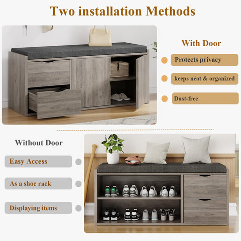 LVB 2-Tier Storage Bench with Padded Cushion, Entryway Shoe Bench with 2 Drawers, 2 Barn Doors & Adjustable Shelf, Industrial Style for Foyer