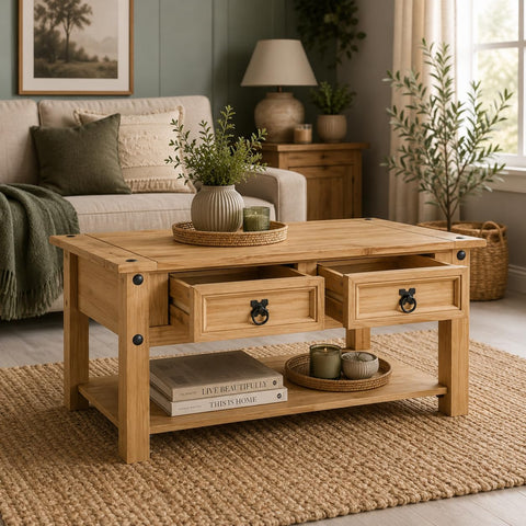 Corona Coffee Table 2 Drawer Mexican Solid Pine Wood Occasional