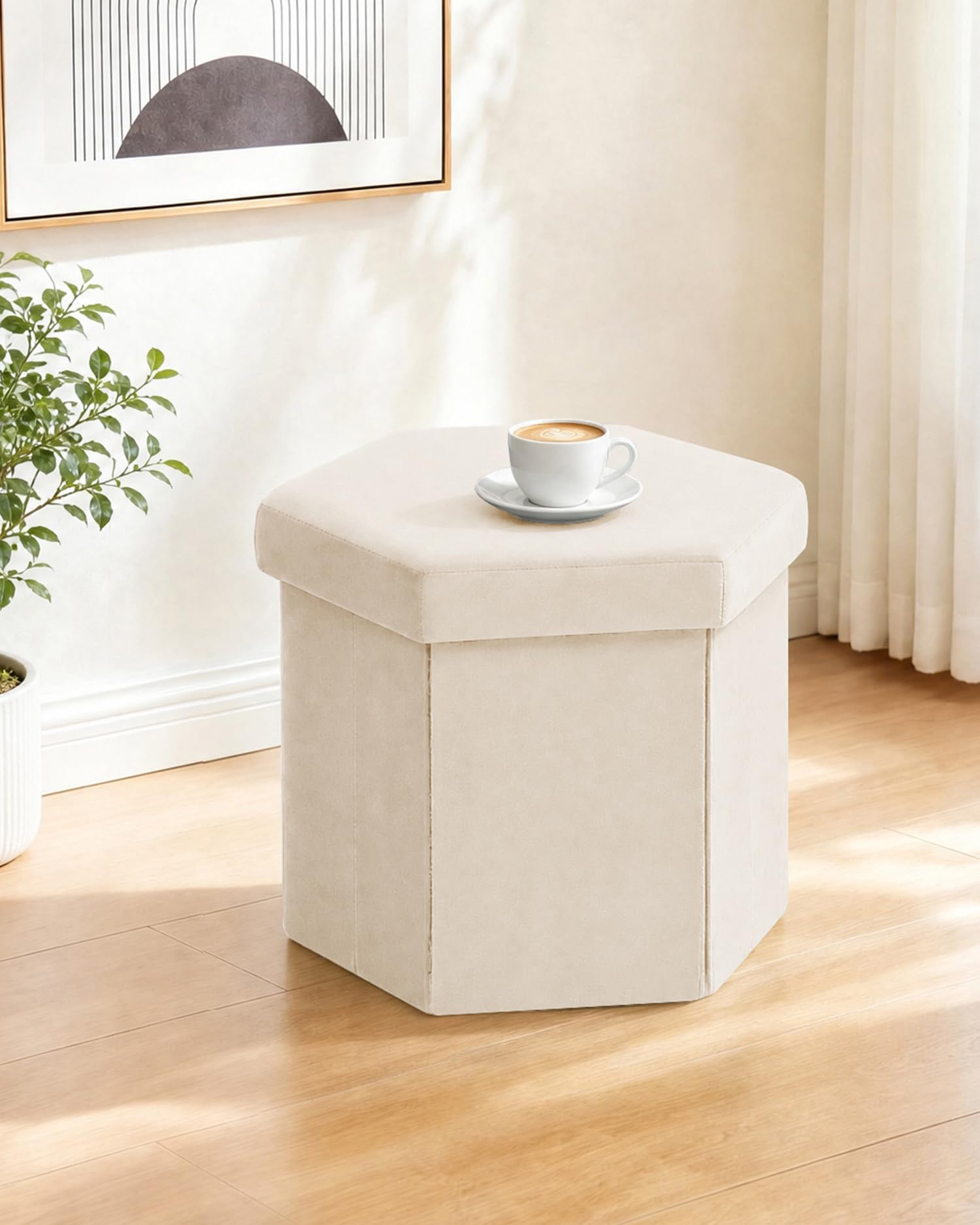 Bonlife Folding Storage Ottoman Hexagonal, Footrest with Toy Ches Box, 43cm