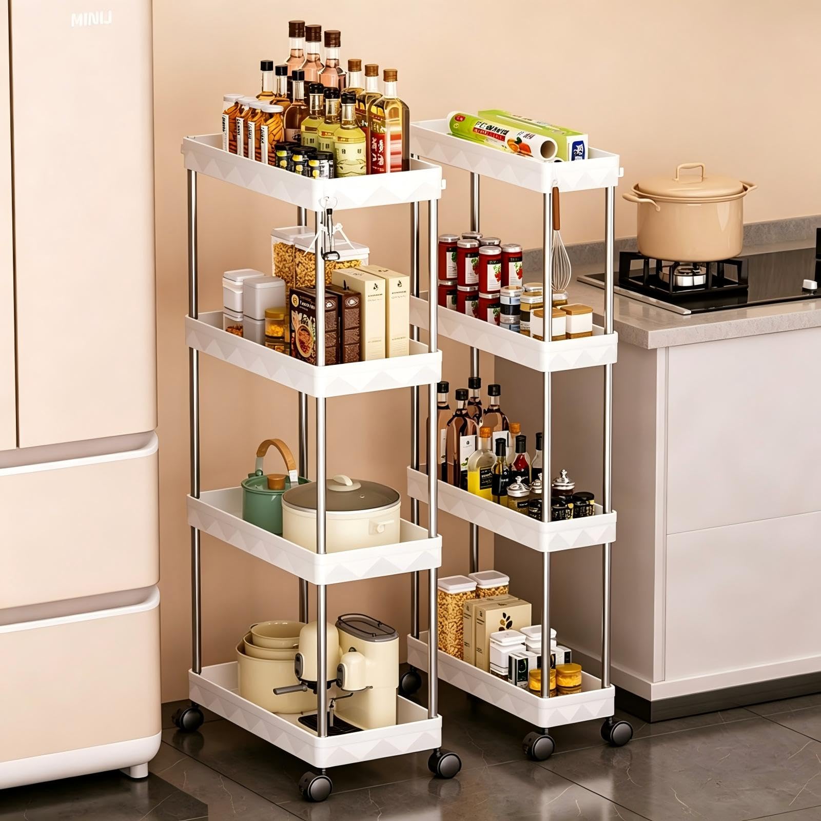 Multibao 4 Tier Slim Slide Out Kitchen Trolley Rack Holder Storage Shelf Organiser with Wheels for Small Spaces Bathroom Kitchen Laundryroom Bedroom