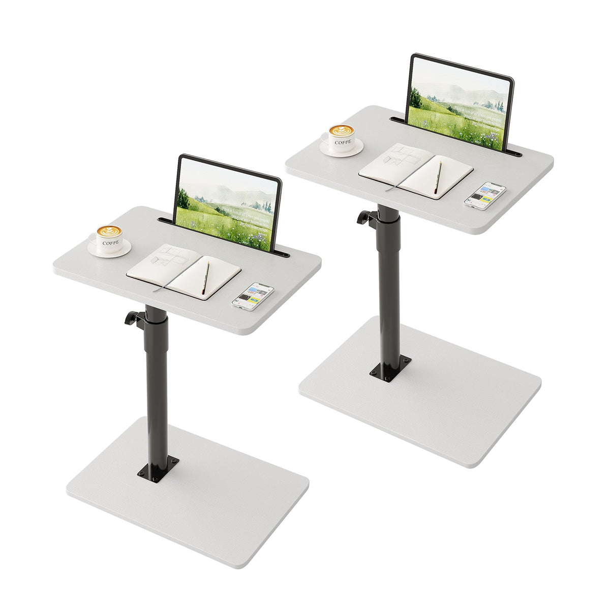 CAIYUN C Shaped Side Table, Height Adjustable Swivel 360° Rotating, White End Table Set of 2 for Small Spaces