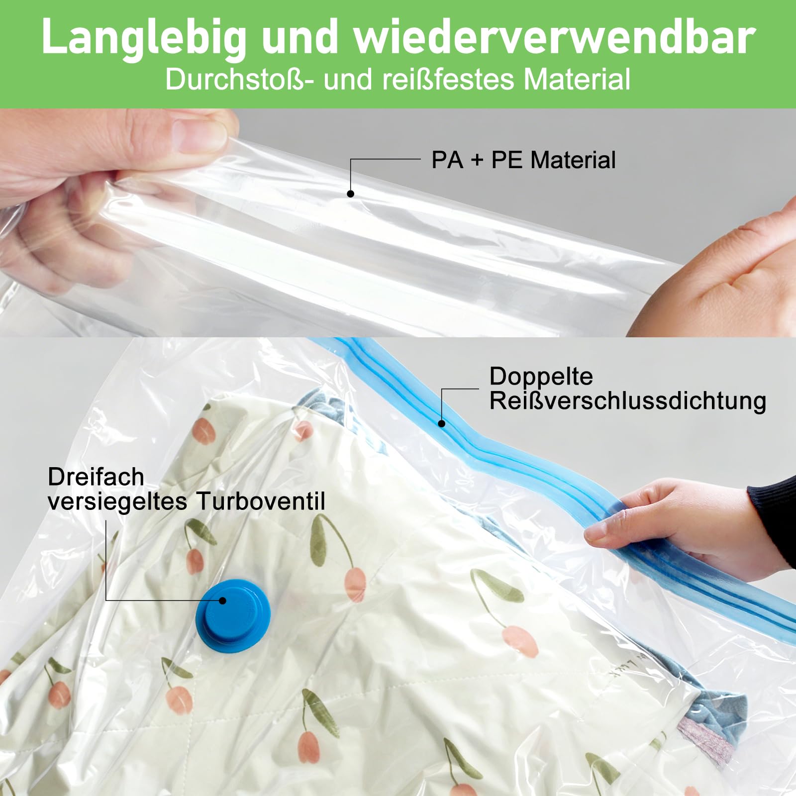 Vacuum Bags Pack of 8, 3 Large 80 x 60 cm + 2 Small 60 x 40 cm + 2 Small 50 x 40 cm, Space Saving Vacuum Bags, PA & PE Material, Hand Pump Included