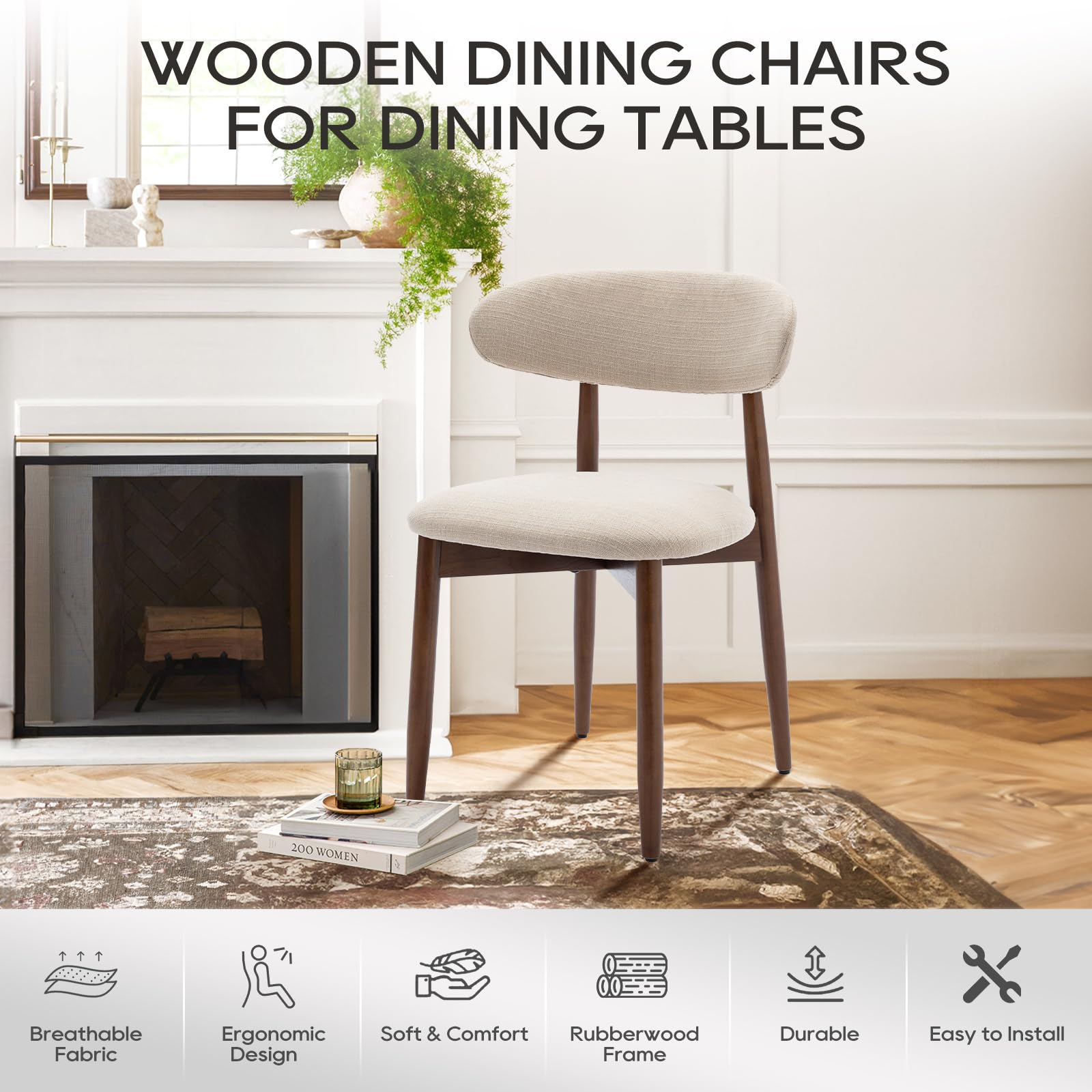 COLAMY Wooden Dining Chairs Set of 2, Modern Fabric Upholstered Kitchen Side Chairs, Farmhouse Dining Room Chair with Foot Pegs, Beige