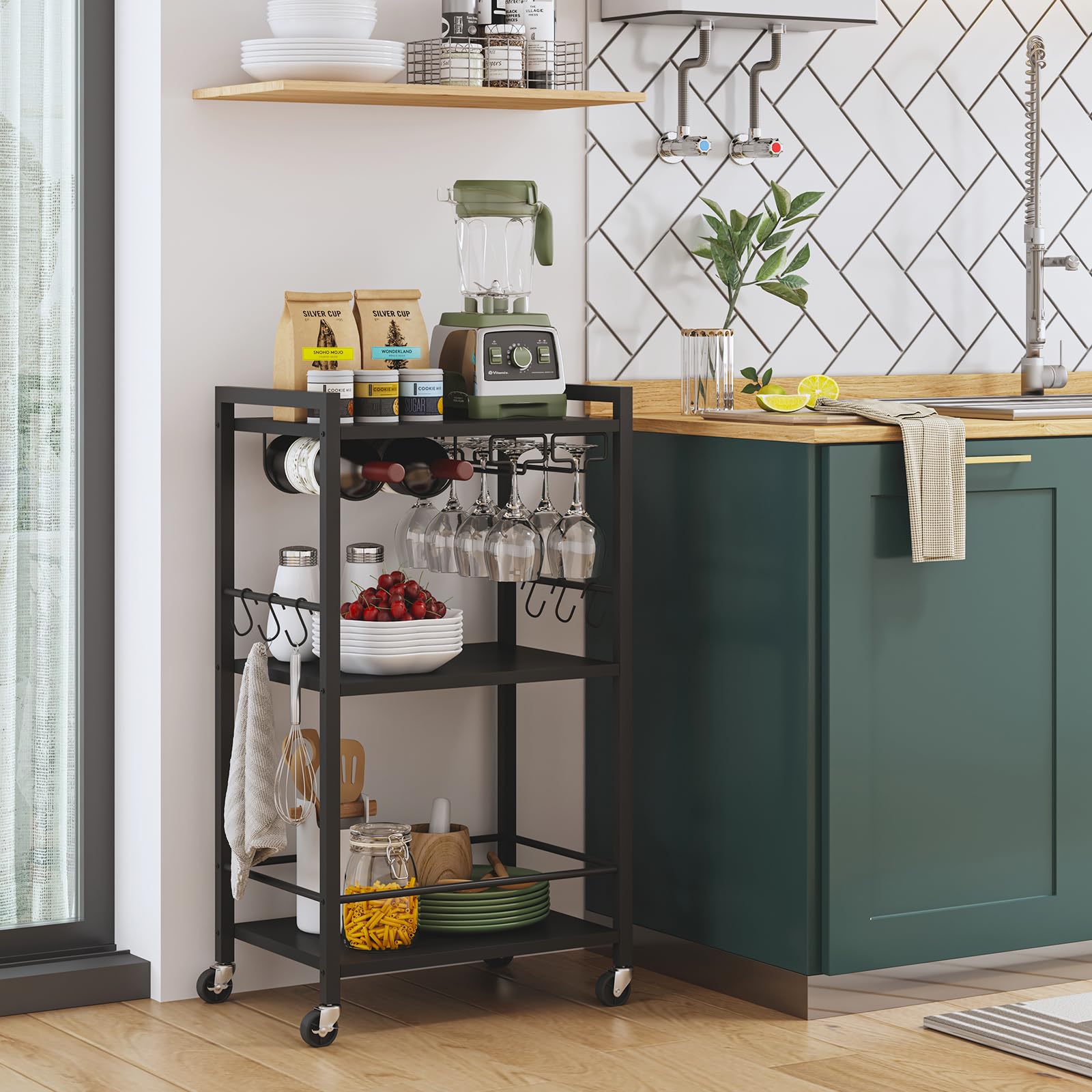 TUTOTAK Drinks Trolley, Bar Cart with 3-Tier Shelf, Serving Trolley with Wine Rack, Glass Holder, Rolling bar cart for the Home, Living Room