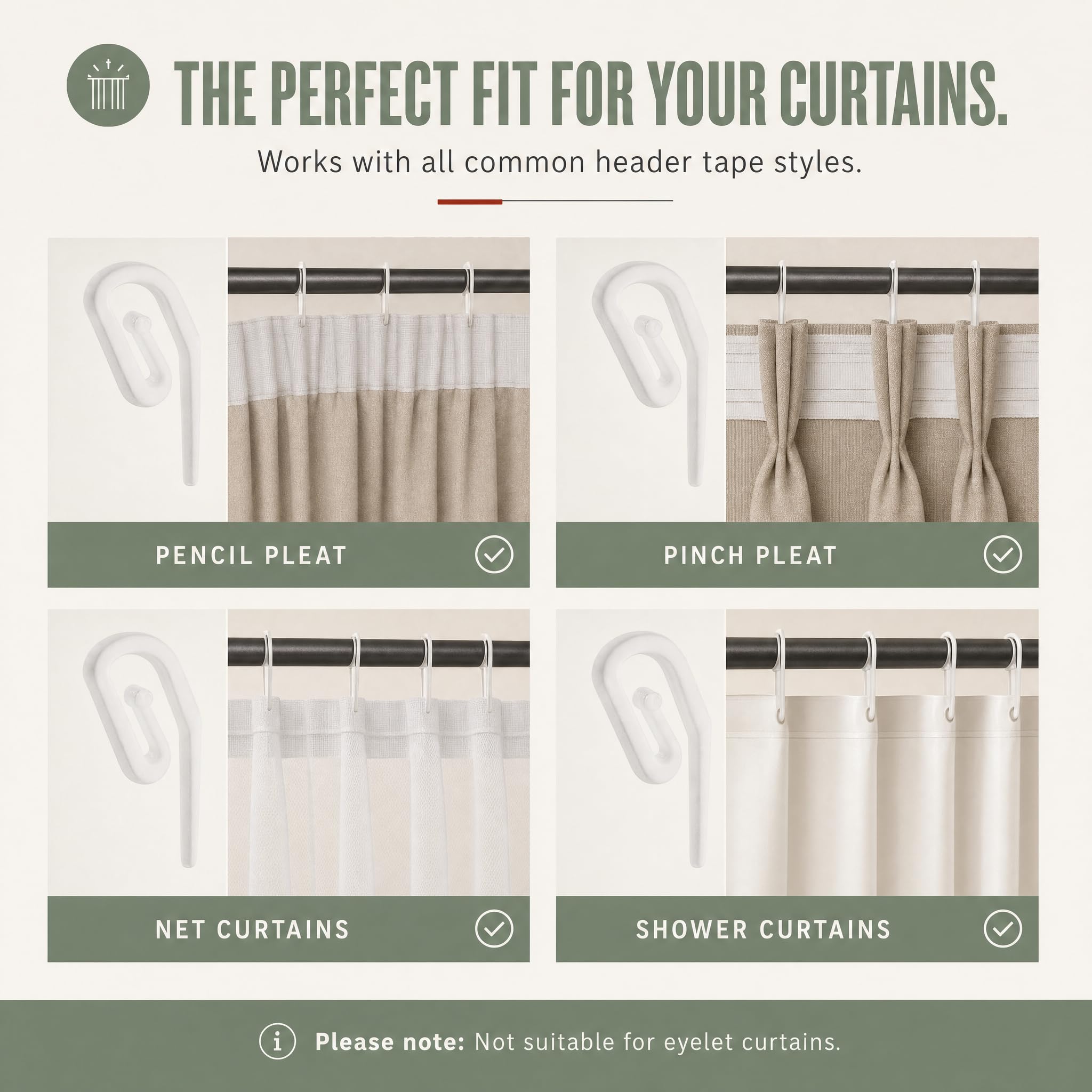White Plastic Curtain Hooks for Pencil Pleat, Track & Window - 50 Pack