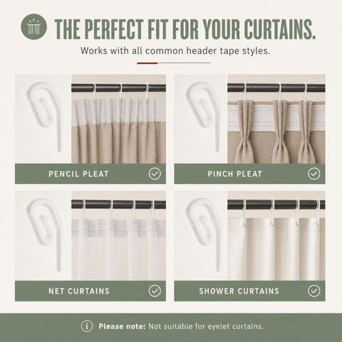White Plastic Curtain Hooks for Pencil Pleat, Track & Window - 50 Pack
