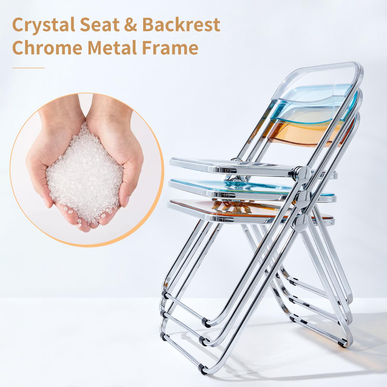 KAIHAOWIN Luxury Modern Acrylic Folding Chair Transparent Chairs-Ghost Stackable Crystal Folding Chair-PC Plastic Living Room Seat-Chrome Frame-Gray