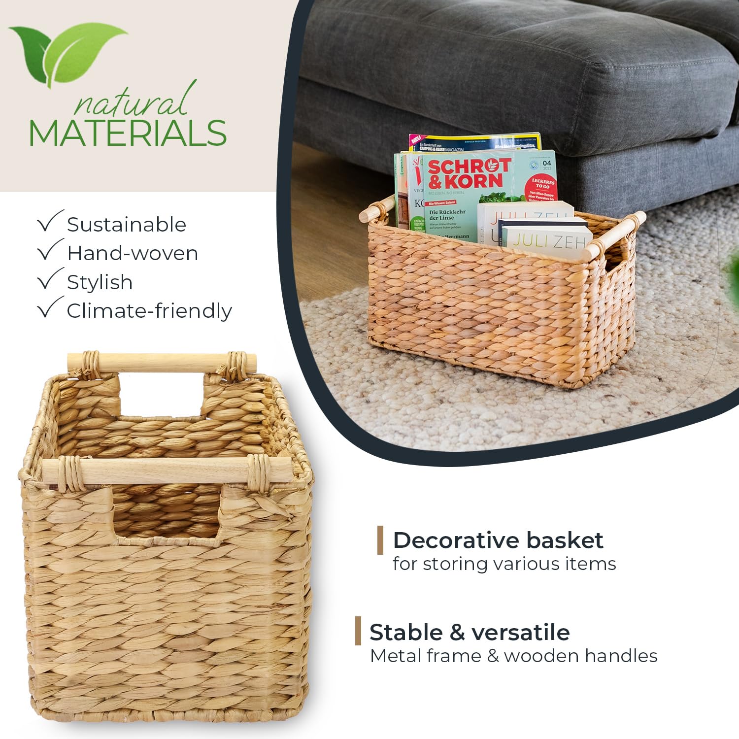 HMF Storage basket woven from water hyacinth, decorative basket with wooden handles for storage in the bathroom, living room, kitchen