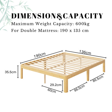 QFtime Bamboo Wood Double Bed Frame, Platform Bed Frame Double with Metal Slats Support, Easy to Install, Noise Free, Sturdy, 35.5 cm High