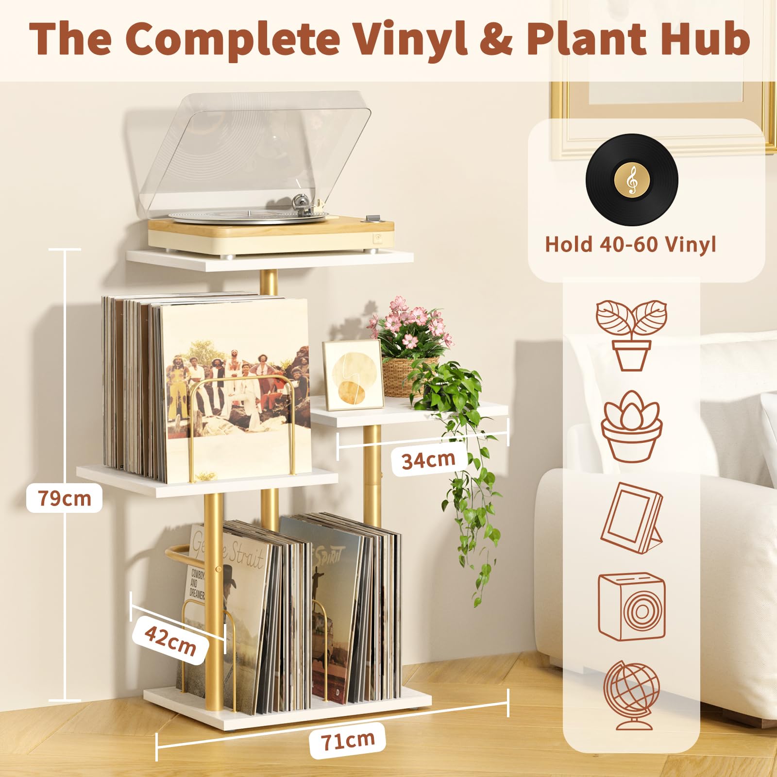 Bikoney Botanical Record Player Stand with LP Vinyl Display Shelf - Gold