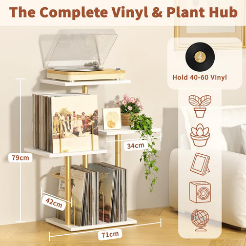 Bikoney Botanical Record Player Stand with LP Vinyl Display Shelf - Gold