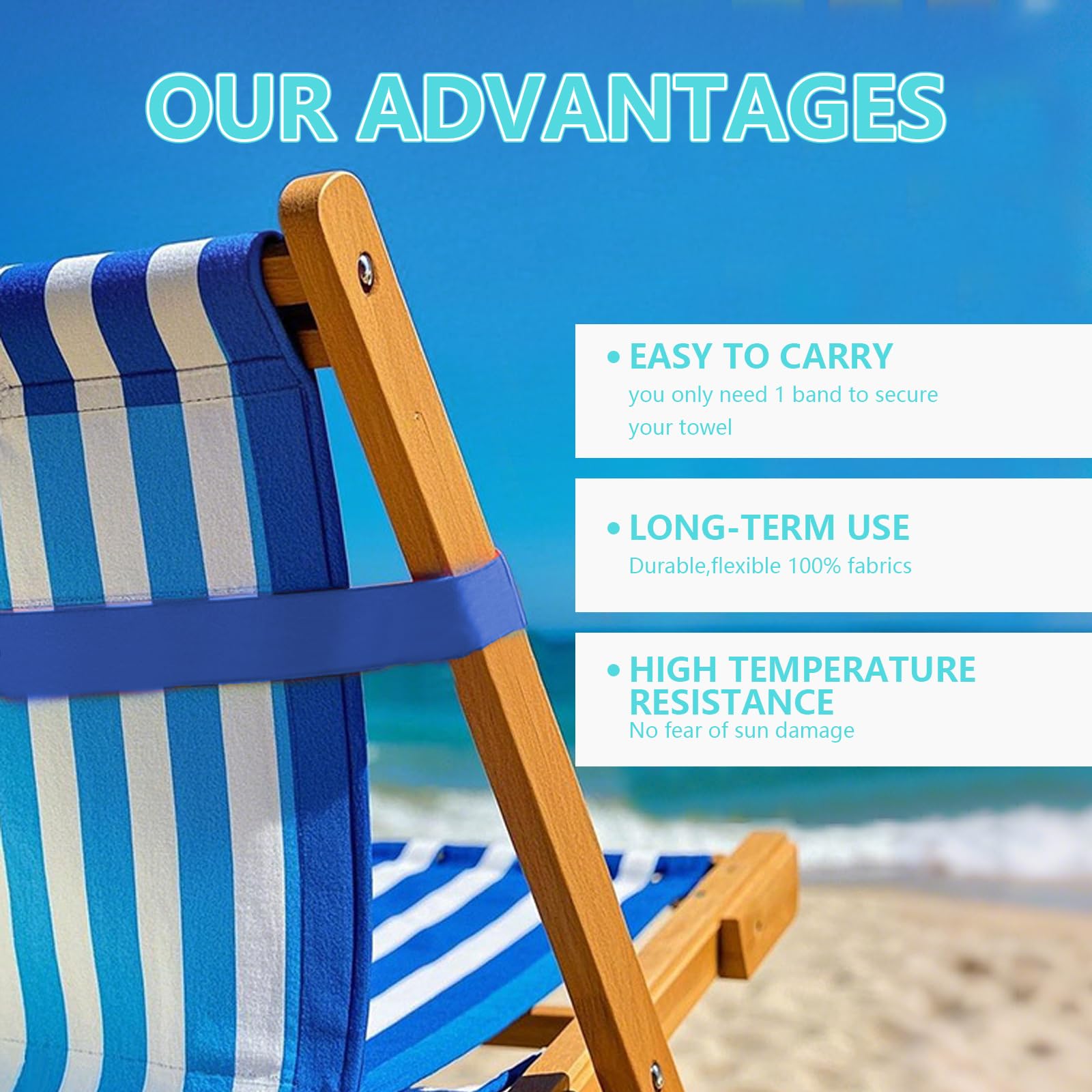 6-Pack Beach Towel Bands for Sun Loungers & Cruise Chairs Windproof Elastic Sunbed Towel Holders Straps for Pool, Holiday & Camping