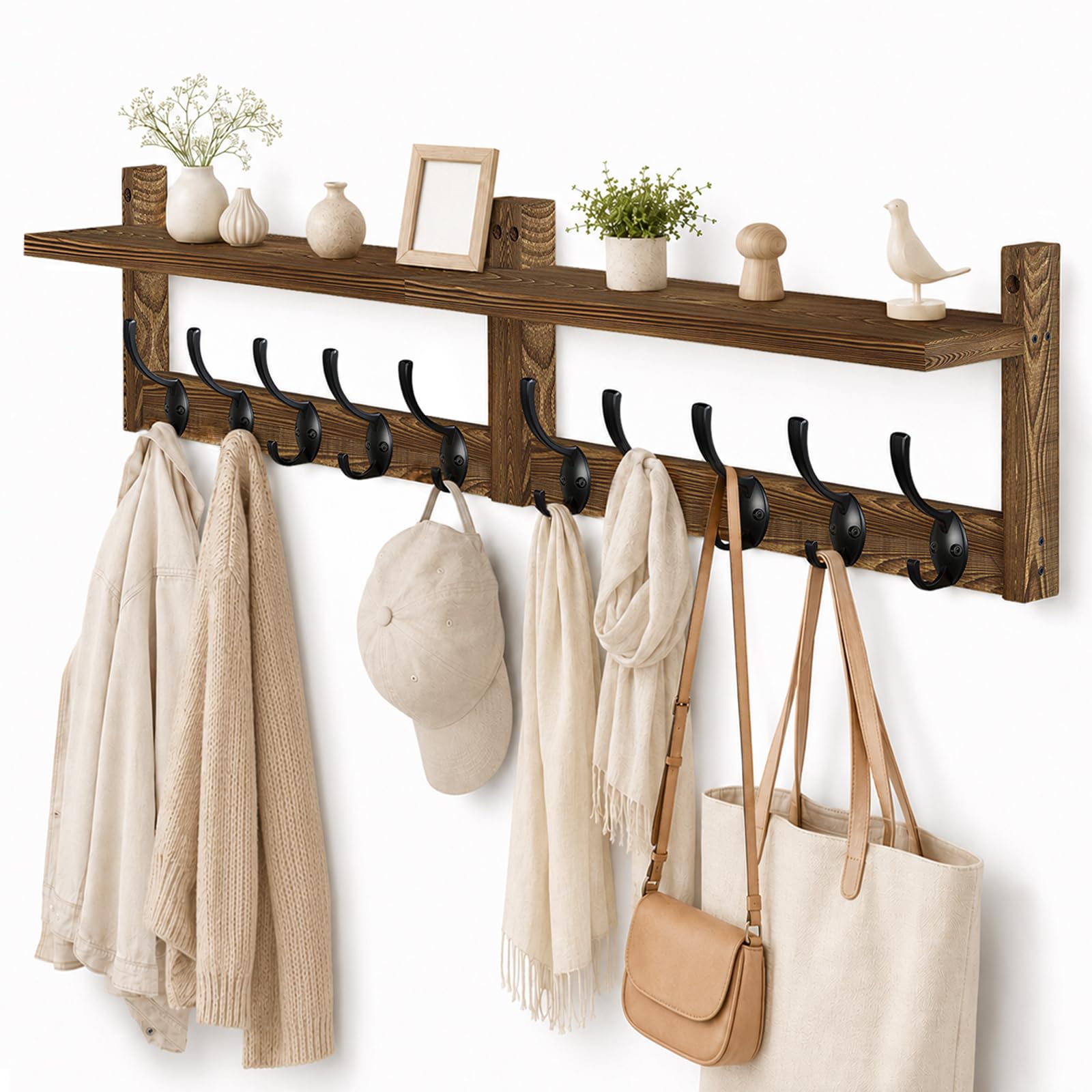 Coat Rack Wall Mounted, 87cm Wooden Extra-Long Wall Hook Rack with Shelf, Set of 2 Coat Hooks with 10 Hooks for Hanging Coats Hats Scarves