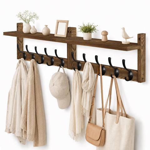 Coat Rack Wall Mounted, 87cm Wooden Extra-Long Wall Hook Rack with Shelf, Set of 2 Coat Hooks with 10 Hooks for Hanging Coats Hats Scarves