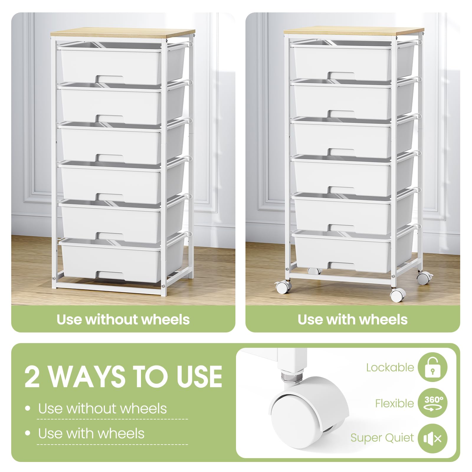 6-Drawer Craft Organizer Trolley Cart with Wooden Top, White