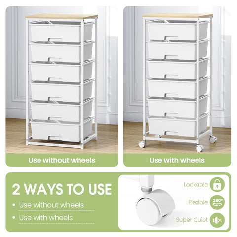 6-Drawer Craft Organizer Trolley Cart with Wooden Top, White