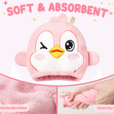 WAWSAM Kids Hair Towel Wrap Penguin, Microfibre Hair Turban Towel for Girls Boys, Fast Drying Hair Wrap with Button