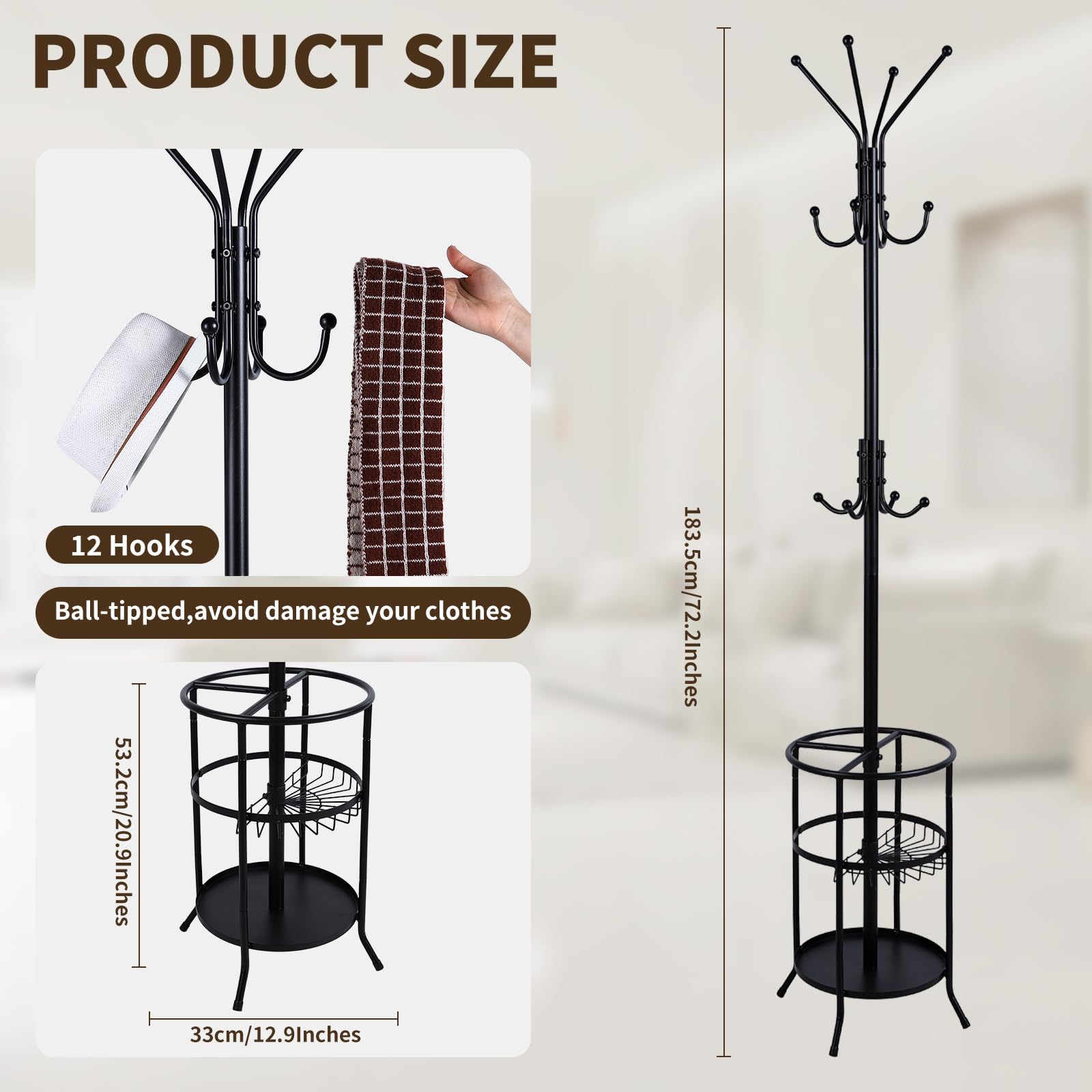 Luyi-Life Metal Coat Rack Stand with Umbrella Holder 12 Hooks for Hallway,182cm Free Standing Coat Tree Hanger Stand for Clothes, Hats, Bags