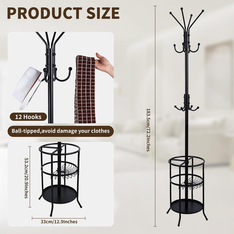 Luyi-Life Metal Coat Rack Stand with Umbrella Holder 12 Hooks for Hallway,182cm Free Standing Coat Tree Hanger Stand for Clothes, Hats, Bags