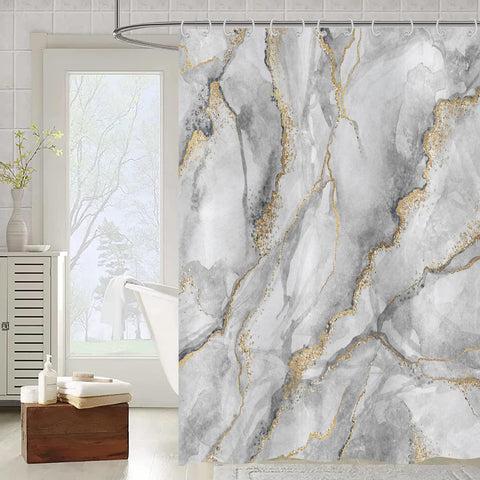 ASDCXZ Marble Shower Curtain 150x180 cm, Modern Abstract Grey White Gold Marble Optic Texture Colorful Washable Shower Curtains Polyester Textile