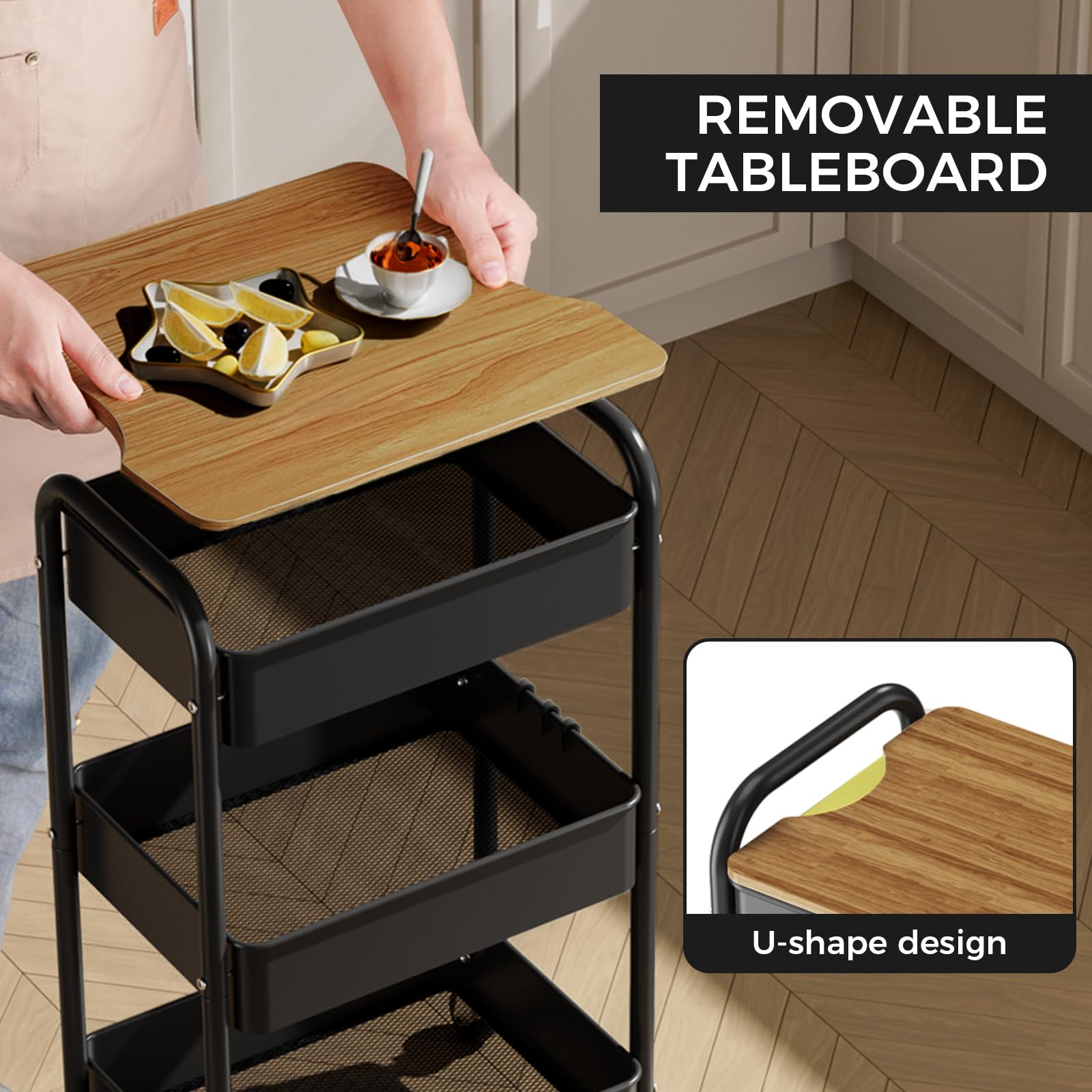 Shrivee 3-Tier Rolling Cart with Table Top, Serving Trolley, Metal Rolling Utility Trolley, Shelf on Wheels, Shelf, Organiser, Kitchen Shelf