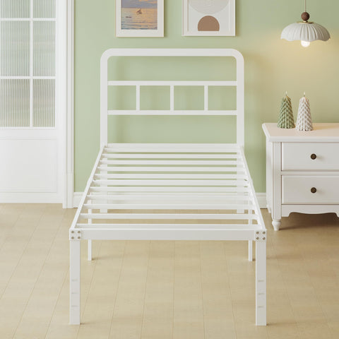Lutown-Teen Metal Small Single Bed Frame with Headboard, 46 cm High, White
