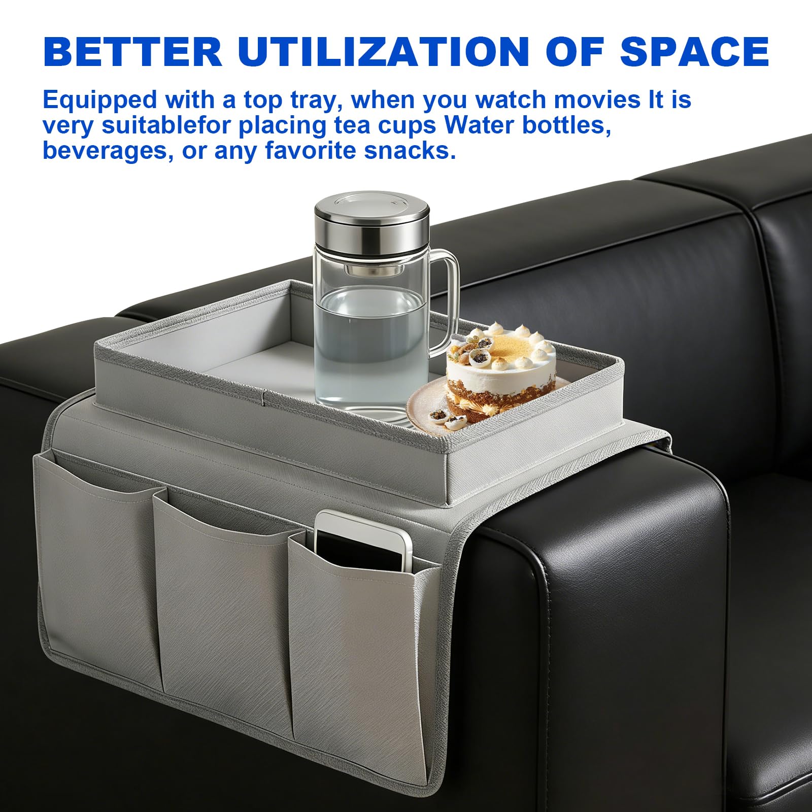 Lirynox Sofa Arm Tray Armchair Tray Organiser, Waterproof Non-Slip Sofa Armrest Organizer with 4 Bags