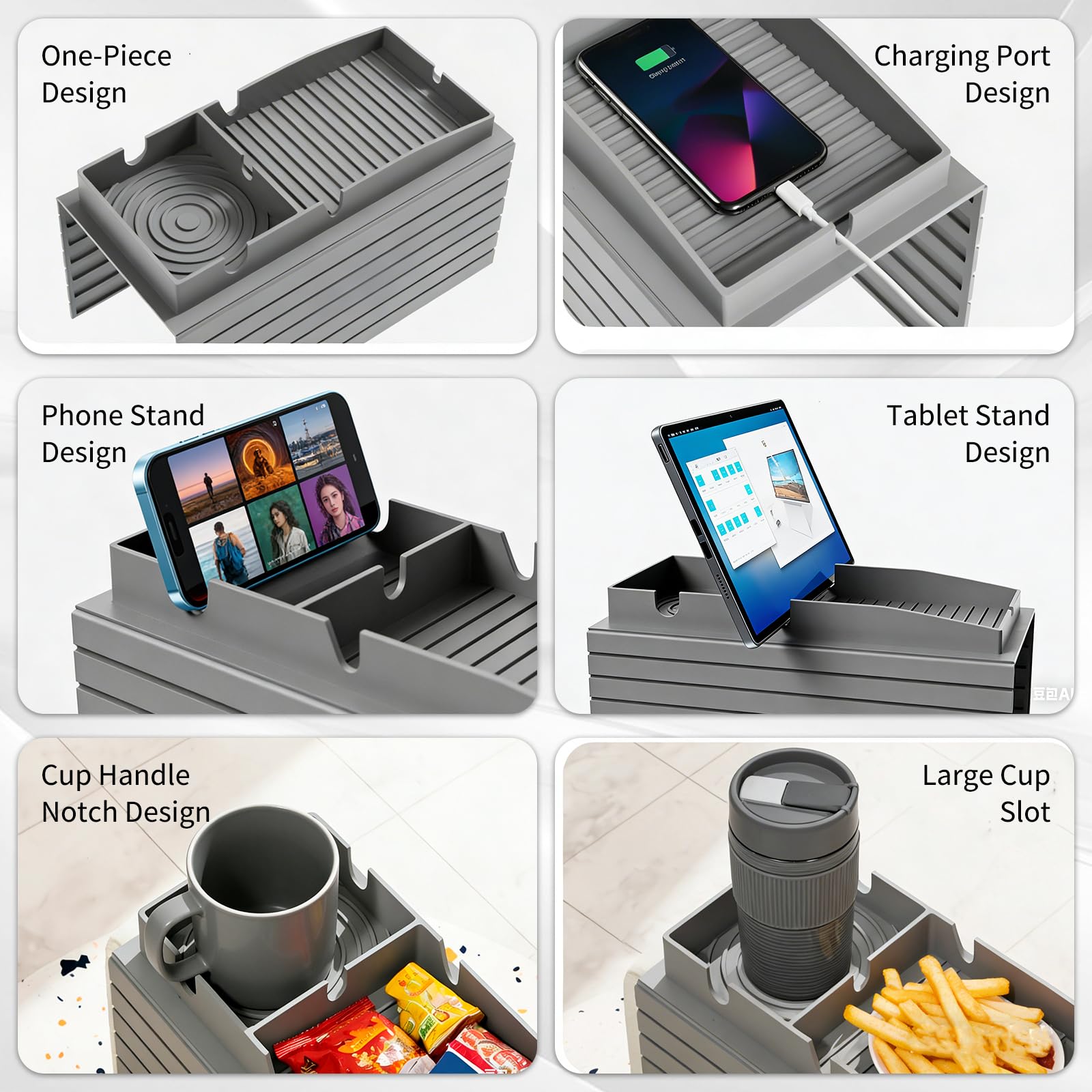 ANTREATU Silicone Sofa Arm Tray, Flexible Couch Arm Table with Cup Holder, Anti-Slip Couch Caddy for Drinks, Snacks, Phone, Remote Control - Grey