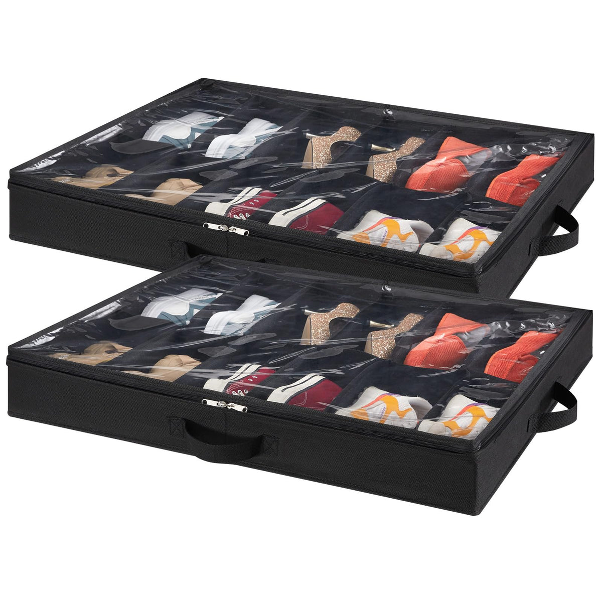 Lifewit 2-Pack Under Bed Shoe Storage, 11cm Shallow Underbed Shoe Organiser with Clear Cover, Set of 2 Slim Stackable Shoe Boxes Hold 24 Pairs, Black
