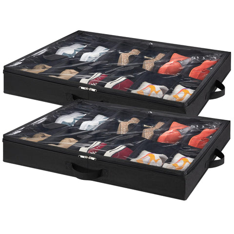 Lifewit 2-Pack Under Bed Shoe Storage, 11cm Shallow Underbed Shoe Organiser with Clear Cover, Set of 2 Slim Stackable Shoe Boxes Hold 24 Pairs, Black