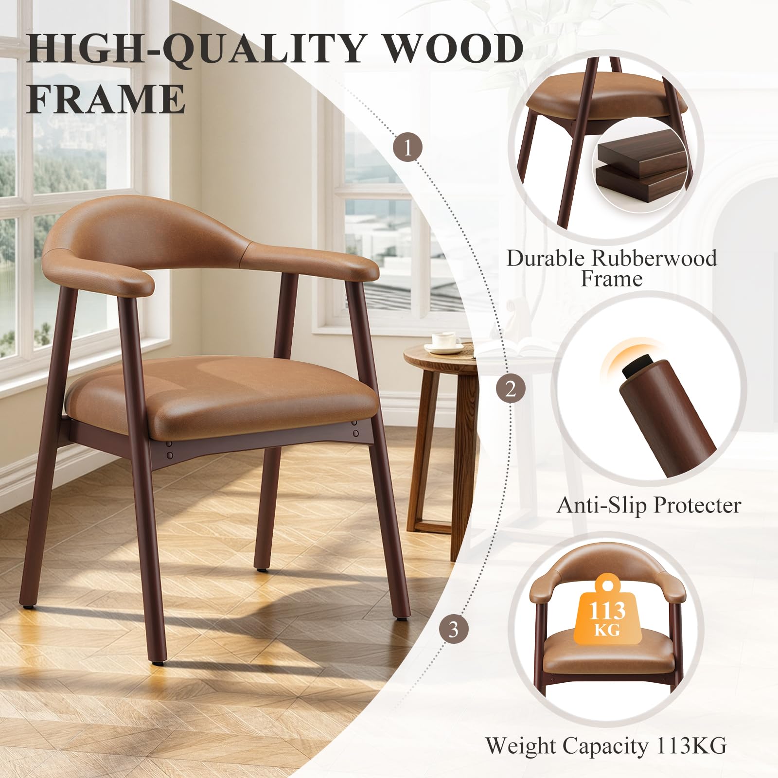 MALOL Wooden Dining Chairs Set of 4, PU Leather Chairs for Dining Room with Armrest