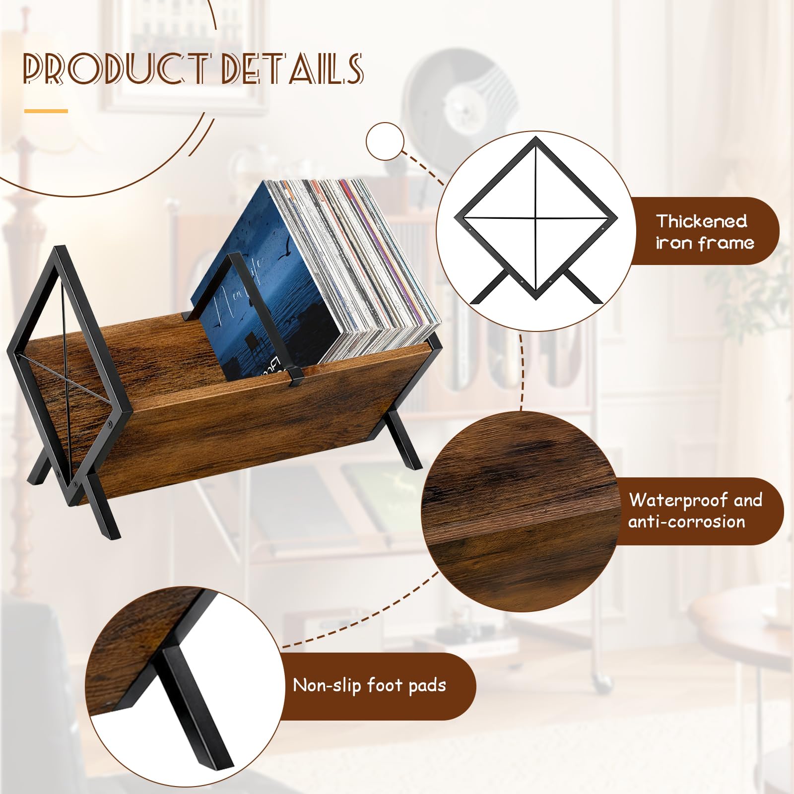 Vutlace Vinyl Record Storage Rack, 80-100 LP Expandable Record Storage Holder with Anti-Slip Mat