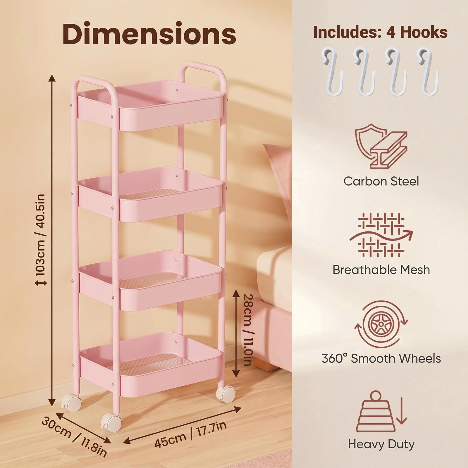 CHUNGG Bathroom Storage 4 Tier Beauty Trolley on Wheels, Mobile Kitchen Trolley with Hooks & Handle, Metal Rolling Utility Cart for Home