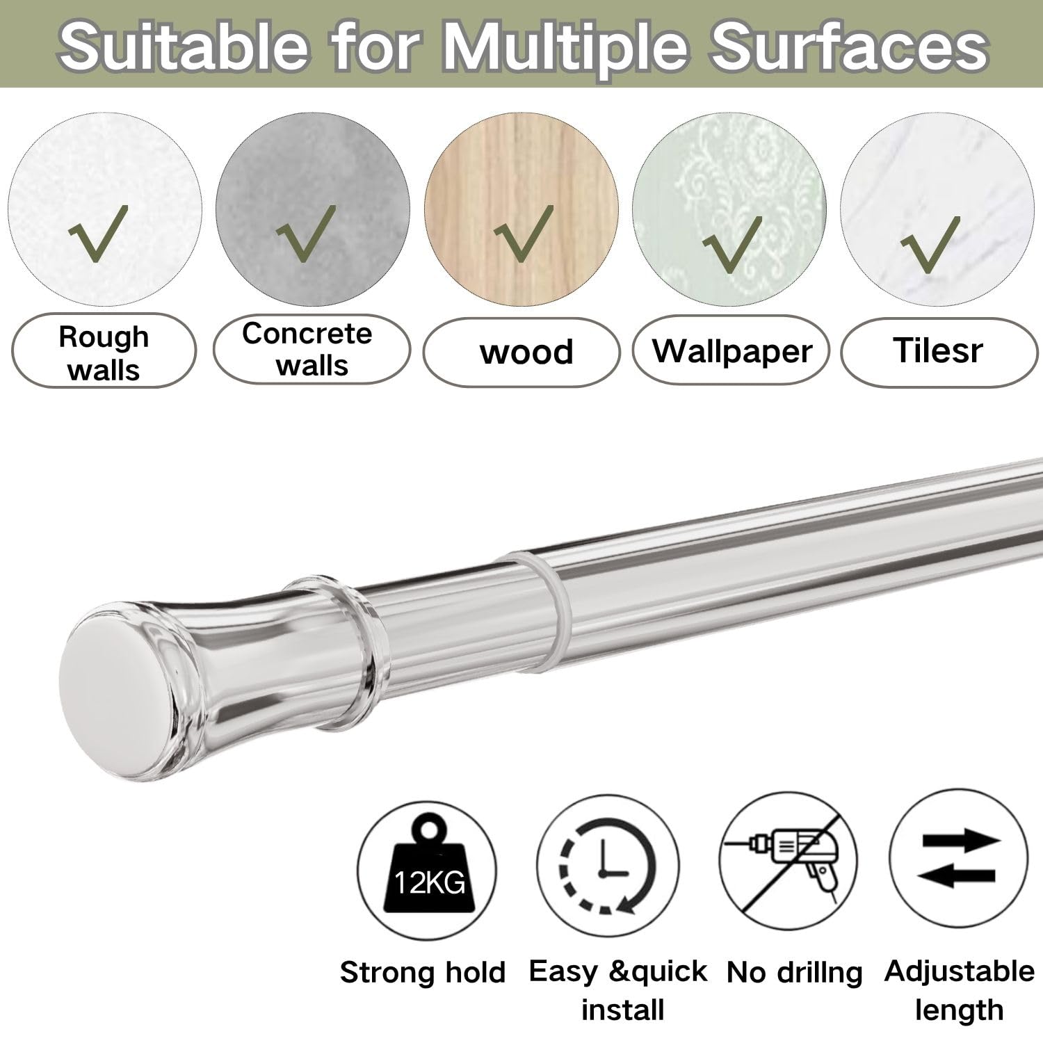 Extendable Telescopic Curtain Rod Extendable Window Tension Rod No Drilling Shower Curtain Pole,Tension Rod for Kitchen