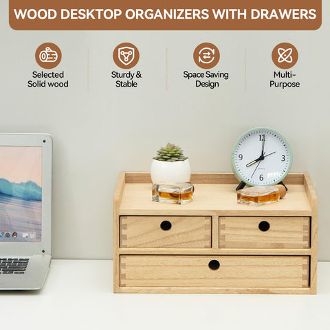 KIRIGEN Wooden Desk Organiser with 3 Drawers and Shelf, Natural