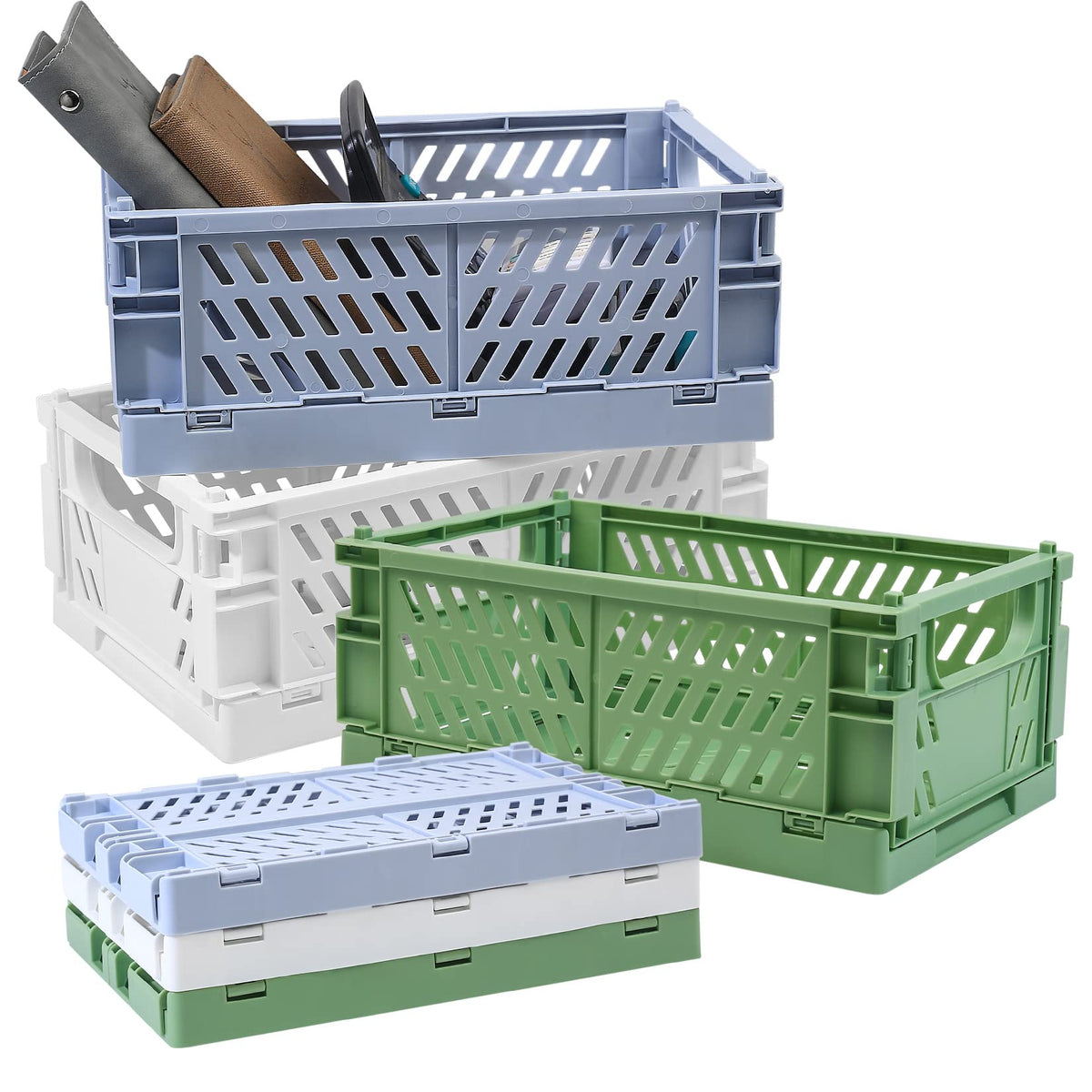 Heozhuyi 3 Pcs Plastic Folding Storage Crates, Collapsible Mini Storage Baskets, Stackable Storage Bins with Handles