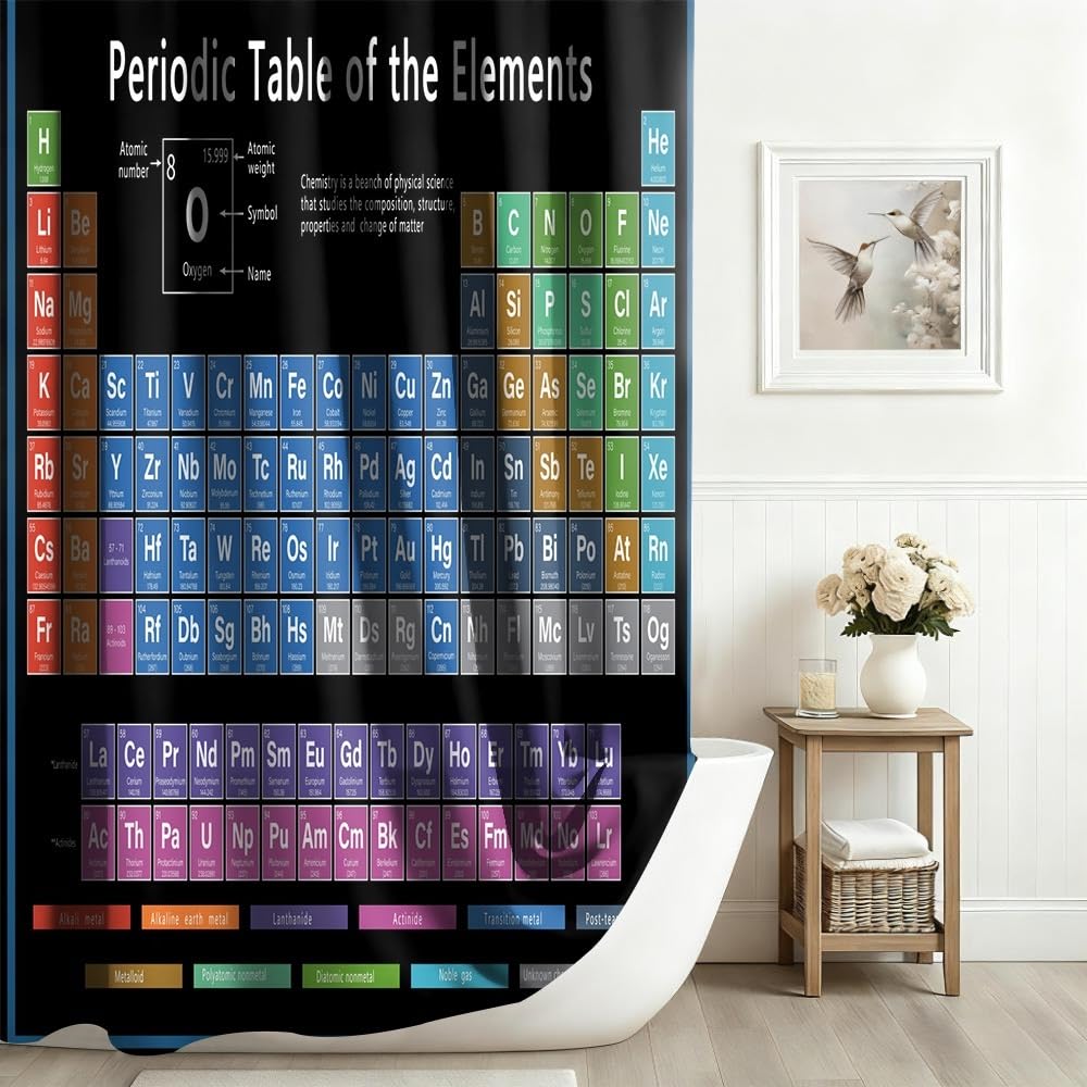 Xiaoterna Periodic Table of Elements Shower Curtain Abstract Black Bathroom Curtain Chemical Element Table Water Repellant Fabric Washable Shower