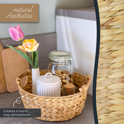 HMF Storage Basket Round Gift Basket Empty Braided Water Hyacinth with Wooden Handles 30 x 12 cm