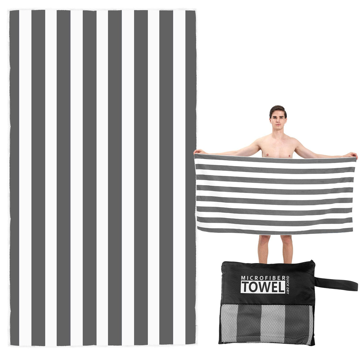 Large Quick Dry Microfibre Beach Towel 160x90cm, Double Sided Black & White Striped Lightweight Travel Towel with Carry Bag