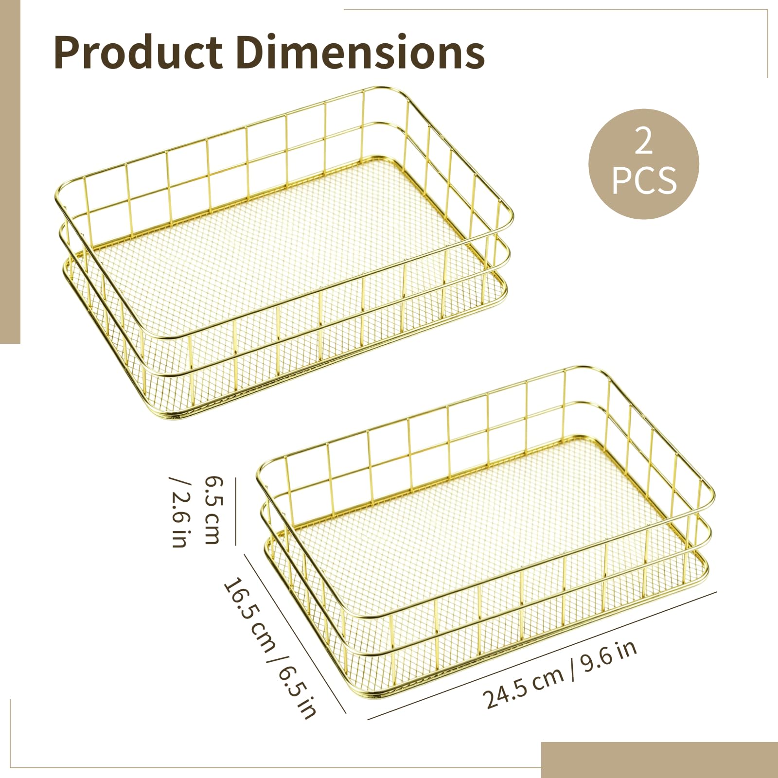 2 PCS Golden Metal Storage Baskets, Wire Desktop Organizer Tray 24.5 x 16.5 x 6.5 cm