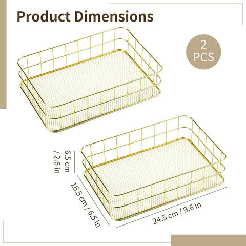 2 PCS Golden Metal Storage Baskets, Wire Desktop Organizer Tray 24.5 x 16.5 x 6.5 cm